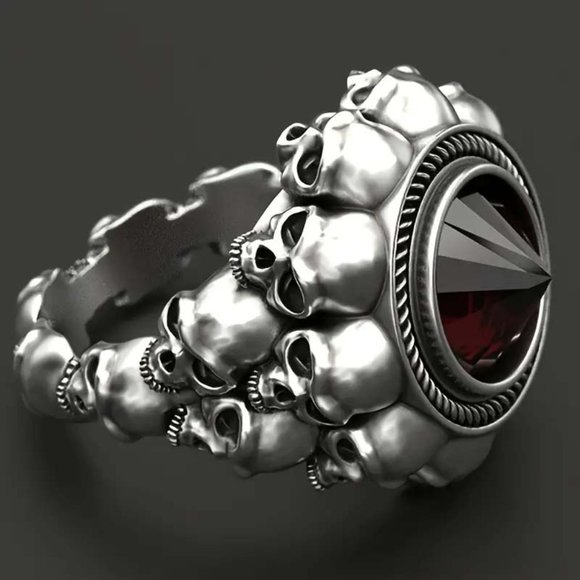 BIKER PUNK STACKED SKULLS PYRAMID RED STONE OXIDIZED SILVER RING 46 - Picture 1 of 2